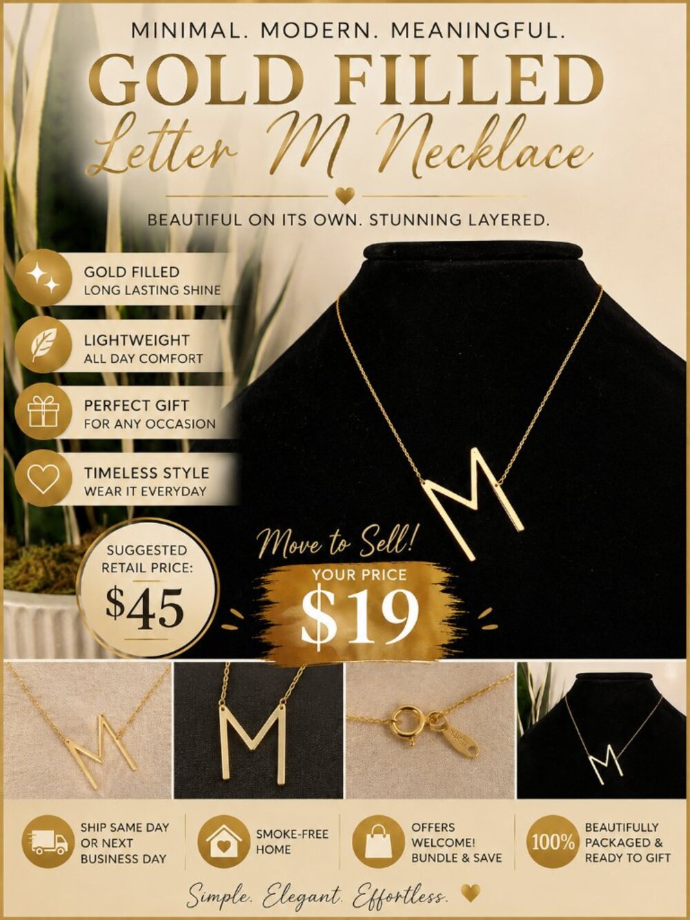 Gold Filled Letter M Necklace 18" Dainty Initial Layering Jewelry